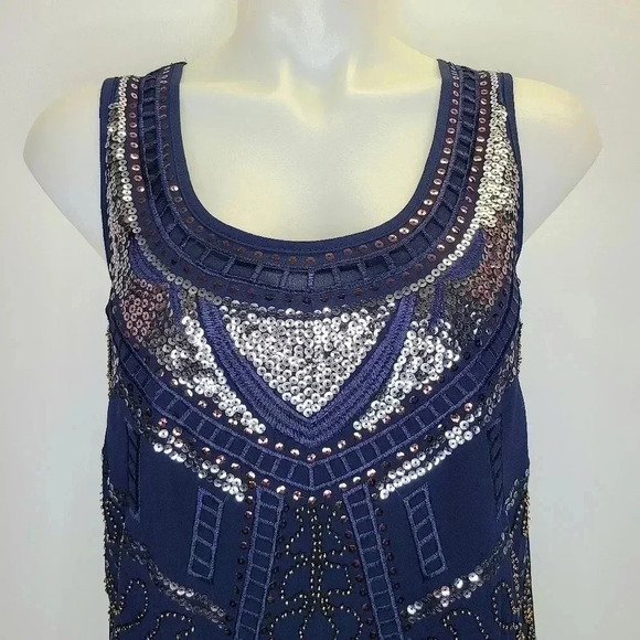 Alga Francescas Navy Blue Silver Bronze Sequin Beaded Art Deco Shift Dress Small - Picture 2 of 14